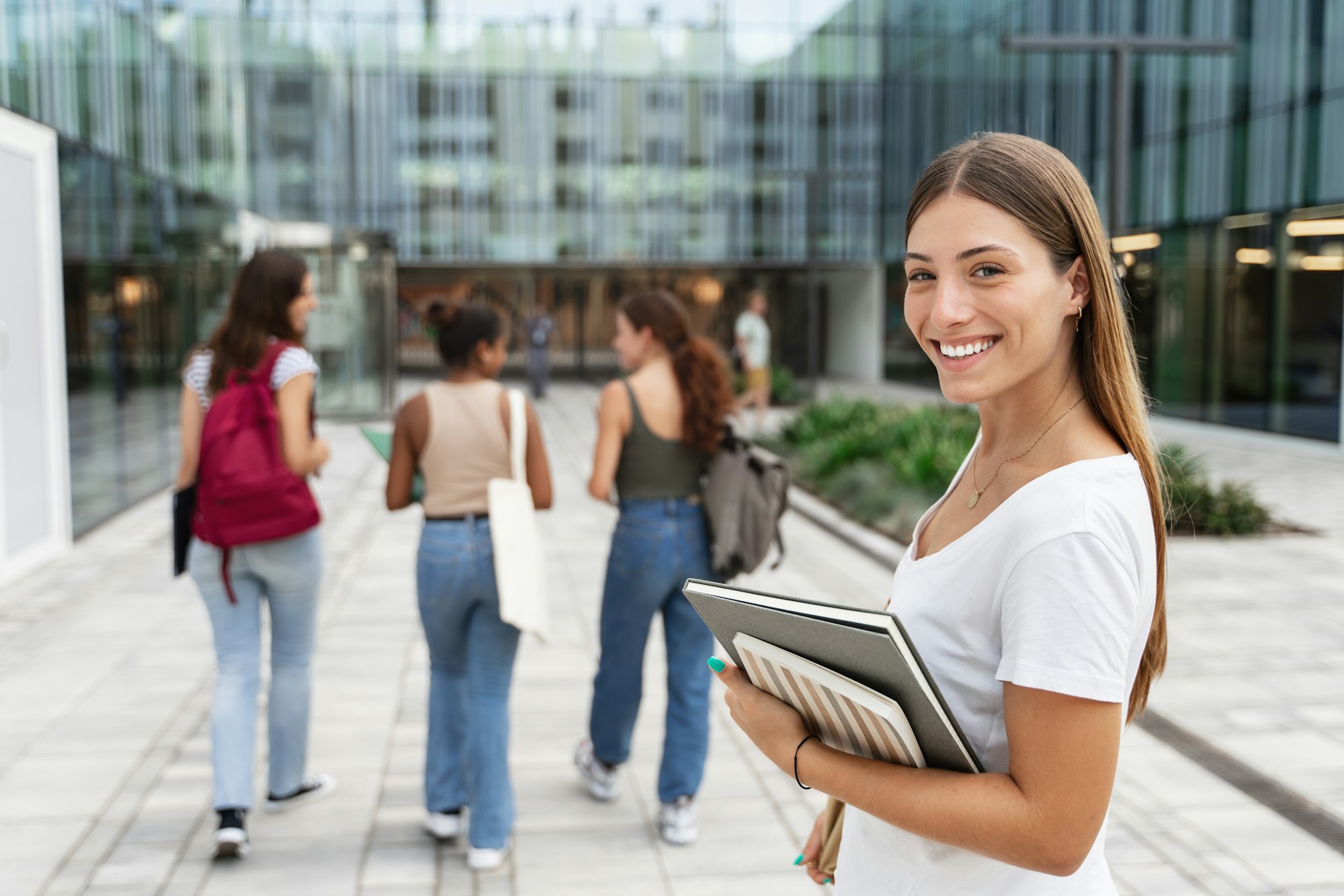 Cheerful blond College student to going to University School Internship